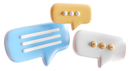 Wall Mural - Minimalist blue, white and yellow speech bubbles talk icons floating over isolated background. Modern conversation or social media messages with transparency. 3D rendering