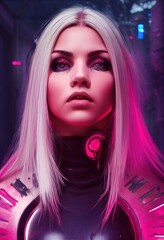 Poster - A fictional person, not based on a real person. Portrait of a sci-fi cyberpunk girl. High-tech futuristic woman from the future. The concept of virtual reality and cyberpunk. 3D render.