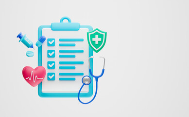 Wall Mural - Healthcare medical doctor stethoscope heartbeat clipboard health checkup insurance report service icons.3d rendering..