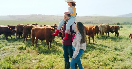 Wall Mural - Family, farm and agriculture with a girl, mother and father walking on grass in a meadow with cows. Farmer, sustainability and field with a man, woman and daughter working together in cattle farming