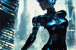 Female cyborg on the futuristic city background. Conceptual of futuristic bionics and artificial intelligence. 3d illustration