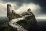 an ancient mythical castle placed high up on a cliff.