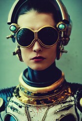 Wall Mural - A fictional person, not based on a real person. Abstract portrait of a fantasy steampunk man. High-tech futuristic man. Concept of virtual reality and steampunk. 3D rendering.