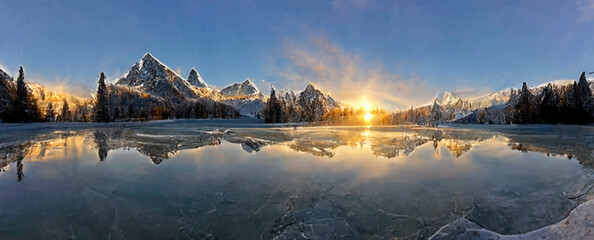 Wall Mural - sunrise in winter mountains, mountain reflected in ice