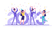 Happy Business People At The Christmas And New Year's Corporate Party On The Background With Big Numbers 2023. Positive Men And Women In Party Caps Dancing And Having Fun. Modern Vector Characters.