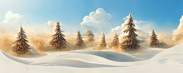 Wall Mural - winter landscape with snowdrifts and snowy fir trees