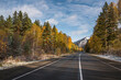 road asphalt mountains trees snow autumn