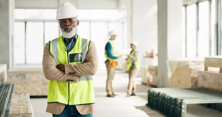 Wall Mural - Construction, leadership and engineer with a black man architect standing on a building site with his arms crossed. Architecture, design and manager with a mature male supervisor and his team