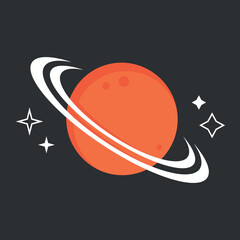 Orange cartoon planet with white orbit and stars on black background. Isolated flat vector illustration.