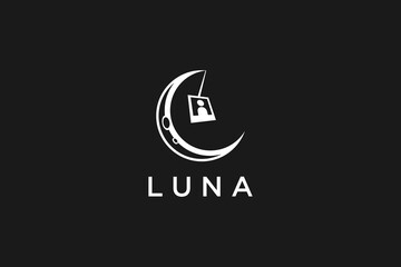 Wall Mural - Crescent moon logo design with hanging polaroid photo luna illustration icon symbol