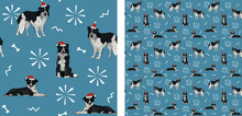 Seamless Dog Pattern, Winter Christmas Texture. Square Format, T-shirt, Poster, Packaging, Textile, Socks, Textile, Fabric, Decoration, Wrapping Paper. Trendy Hand-drawn Border Collie Dog Breed.