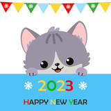 Fototapeta Dinusie - Cute cat with sign Happy New Year. 2023. Cartoon flat style. Vector illustration
