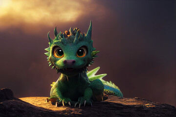 Cute green dragon baby with cute eyes