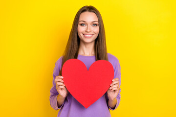Wall Mural - Photo of cheerful nice lady toothy smile wear trendy clothes arms hold red paper heart charity event isolated on yellow color background