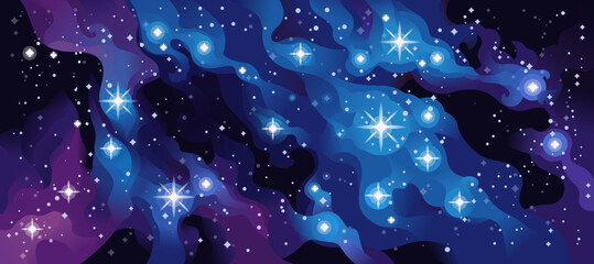 Blue shining stars in dark night sky. Deep space abstract vector background.