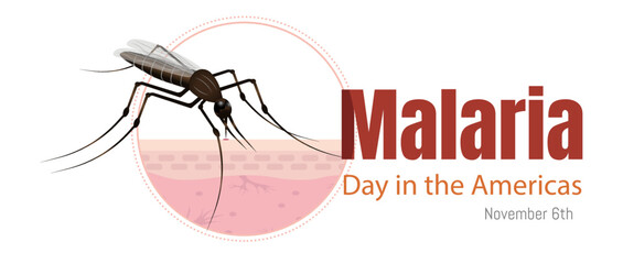 Malaria Day in the Americas. Illustration of the mosquito biting on the skin, on white background.