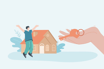 Wall Mural - huge human hand giving key to happy man in front of house. male character buying house or taking out
