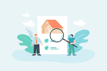 Wall Mural - Man examining information about house before buying. Building on paper with checkmarks, agent offering house flat vector illustration. Property, home insurance concept for banner or landing web page