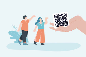 Wall Mural - Huge hand giving QR code to tiny cartoon customers. Man and woman looking at barcode flat vector illustration. Shopping, information, technology concept for banner, website design or landing web page