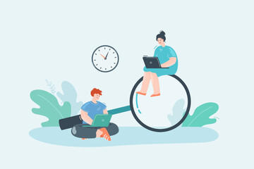 Wall Mural - Man and woman searching for information on Internet via laptops. Worker with laptop sitting on magnifying glass flat vector illustration. Search, information, internet, technology concept for banner