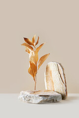 Wall Mural - Stone podium mock up with dry leaves, mock up for product cosmetic