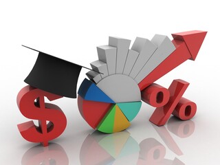 Wall Mural - 3d rendering Stock market online business concept. business Graph with percentage near graduate cap on dollar symbol