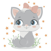 Cute Gray Kitty With A Pink Bow. Children's Vector Illustration For Children's Room, Textile, Poster, Postcard.