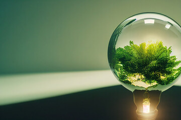 Close-up a round glass bulb with a full grown green tree with green leafs inside of it occupying the whole bulb, save the planet, protect nature concept, cinematic style