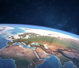Wall Mural - high angle satellite view of planet earth, focused on europe, east asia and north africa - elements 