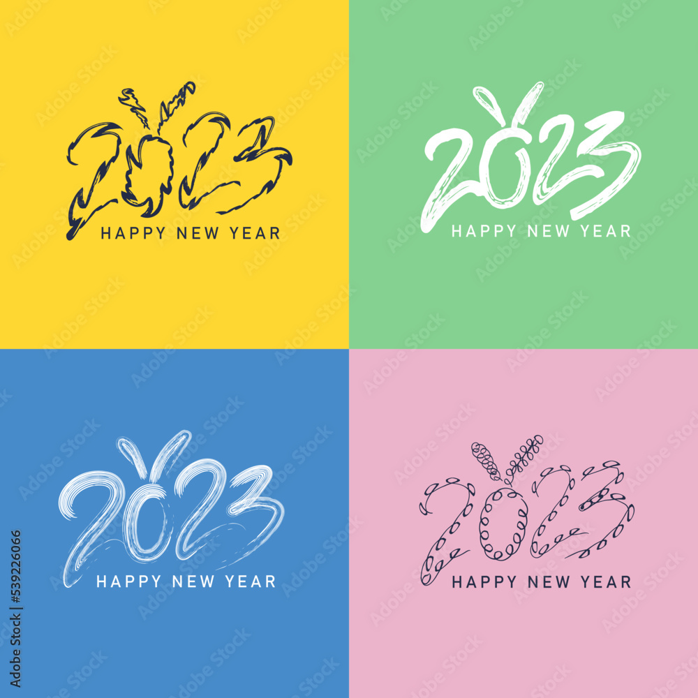2023 brush stroke lettering set.Hand drawn number 2023 with hare ...