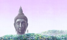 Head Of Buddha In Surreal Nature Landscape. Concept Idea Artwork Of Religion, Spiritual, Belief, Buddhism. Surreal Painting 3d Illustration, Conceptual Artwork