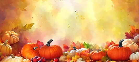 Fall Scene With Pumpkins And Leaves, Amazing Thanksgiving Watercolor Abstract Background.