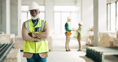 Wall Mural - Senior black man, architect and business construction with crossed arms for building industry on site. Portrait of a confident elderly African male engineer, builder or architecture at the workshop