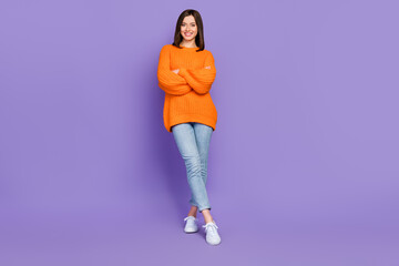 Sticker - Full size photo of nice cheerful lady folded arms toothy smile good mood isolated on violet color background