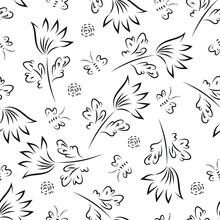 Wild Meadow Flower And Butterfly Seamless Vector Pattern Background. Scattered Flowers And Butterflies Black White Backdrop.Monochrome Painterly Outline Botanical Design. Garden Floral For Summer