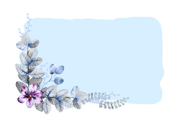 Wall Mural - Blue rectangular frame with bouquet of fantasy purple flowers with leaves and herbs in the lower left corner isolated on white background. Copy space. Hand drawn watercolor.