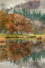 Wall Mural - Digital watercolour painting of Epic Autumn landscape image of River Brathay in Lake District with fog across river and vibrant woodlands