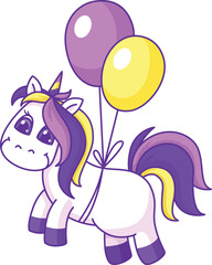 Cute unicorn flying on balloons. Magic cartoon horse