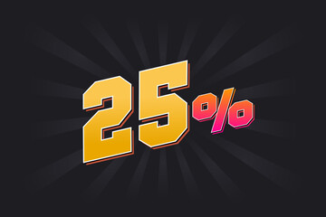 25% discount banner with dark background and yellow text. 25 percent sales promotional design.