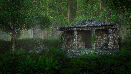 Aufkleber - Ancient ruined temple building from a lost civilization in a forest clearing. 3D rendering.