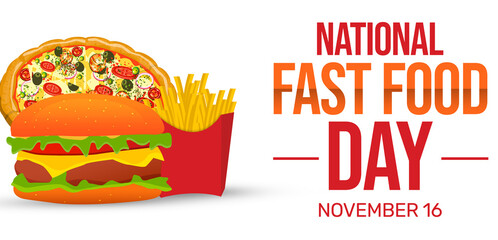 National Fast Food Day Background with Pizza, burger, and fries illustrations. Day of fast food, background design