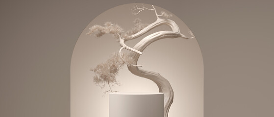 Wall Mural - japanese style minimal abstract background. podium and bonsai tree with brown background for product