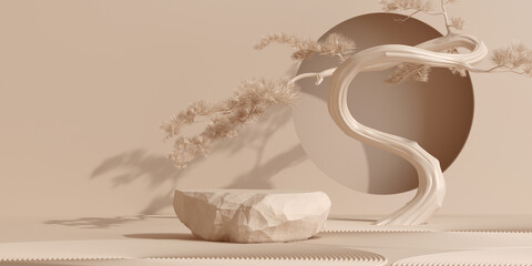Wall Mural - japanese style decorative product background. nature light podium and bonsai tree with brown backgro