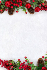 Wall Mural - christmas decoration. frame of branches christmas tree, spruce cones, red sweet apples, red berries 
