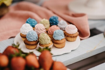 Wall Mural - Closeup of cupcakes with colorful cream heads on a plate