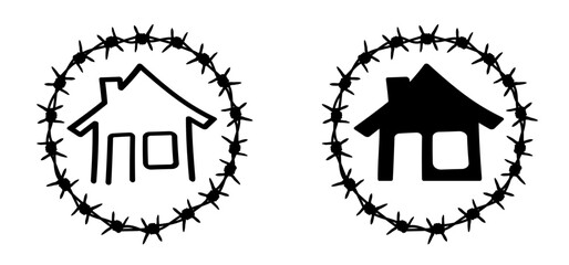 Cartoon round, circle home, speed bubble or speech bubble and rusty barbed wire. House, family wired or wires sign. For freedom or repression. Barbed icon. Fence. Security purposes. Prison building.