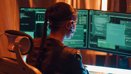 Back view of a Cyberpunk girl types on the keyboard. Multiple computer screen with strings of codes infront of her. Devloping codes for futuristic software. Neon lights in the background.