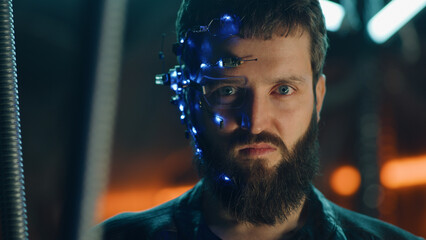 brunette guy with dark beard wearing futuristic headset with one-eyed glasses, mic and ear piece loo