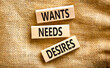 Wants needs and desires symbol. Concept words Wants Needs Desires on wooden blocks. Beautiful canvas table canvas background. Business, psychological wants needs and desires concept. Copy space.