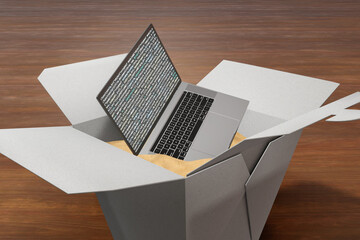 Laptop showing programming code in a take away box of sand. Illustration of the concept of sandbox environment (isolated testing area) of computer